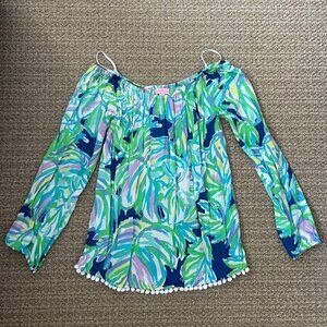 EUC Lilly Pulitzer Off the Shoulder Top with White Pompoms Accents Size Small